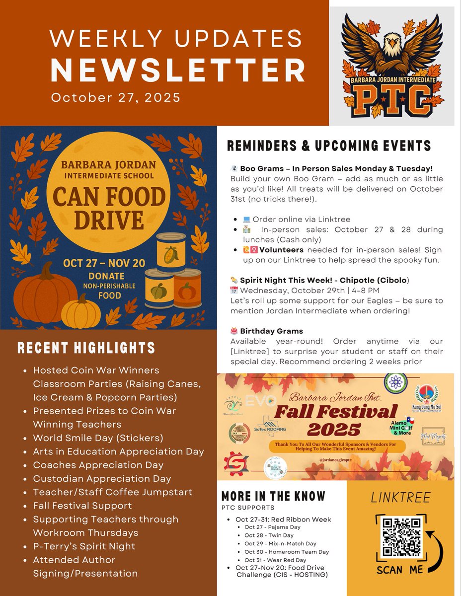 JordanPtc3339's tweet image. Jordan PTC Eagle Connections 

📱 Follow Us On Social Media
Facebook: @JordanEaglesPTC
Instagram: @JordanEaglesPTC
TikTok: @JordanEaglesPTC
X: @JordanPTC3339

Linktree: linktr.ee/jordanintermed…

#jordanptc #eagleconnection #secondedition #newsletter #updates