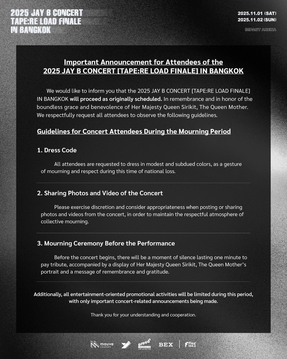 ประกาศสำคัญขอความร่วมมือสำหรับผู้เข้าร่วมงาน 
2025 JAY B CONCERT [TAPE:RE LOAD FINALE] IN BANGKOK

1-2 พฤศจิกายน 2568 | 18:00 น.
📍อิมแพ็ค อารีน่า

---

Important Announcement and Request for Cooperation
for Attendees of 2025 JAY B CONCERT [TAPE:RE LOAD FINALE] IN BANGKOK