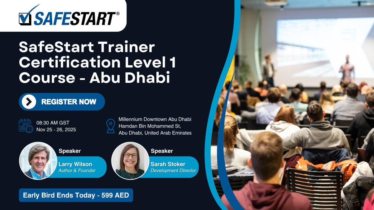 HSE_Review's tweet image. Join the SafeStart Level 1 Workshop – Abu Dhabi (25–26 Nov 2025)!

Learn to cut incidents, build lasting safety culture &amp;amp; earn global certification with Larry Wilson.

Early Bird (599 AED) ends 27 Oct — register now: zurl.co/H5fQK

#SafeStart #HSE #SafetyCulture