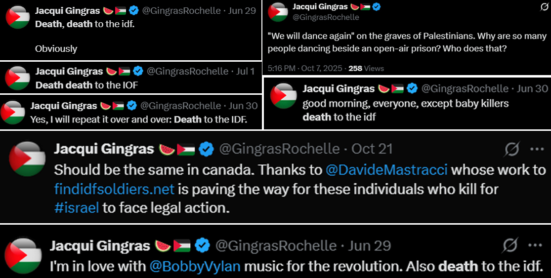 l3v1at4an's tweet photo. Dr. Jacqui Gingras @GingrasRochelle is a Professor at @TorontoMet University. According to her active University profile, it states she is currently on leave just for the 2025 Fall Semester.

Jacqui Gingras enjoys stating how much she wants Israelis to die by proclaiming “Death To The IDF” repeatedly. It is mandatory for all Israelis to serve in the IDF.

In turn, she also promotes the list of IDF Canadian soldiers living in Canada. If she states “Death To The IDF” while promoting a website of profiles, what do you perhaps think she has in minds for these Canadians?

Additionally, Jacqui Gingras mocks the lives lost at the Nova Music Festival at the hands of Hamas terrorists while denying any rape occurring during the October 7th atrocities.

According to her Instagram profile, Jacqui Gingras identifies as a Socialist and states “Let’s be socialists, comrades!” has been on record to stating that “Capitalism kills.” Perhaps something she teaches her students?

This is a Notice of Public interest to the Israeli & Jewish community of Toronto regarding this radical individual who openly calls for the deaths of all Israelis who have served while posting databases of individuals living in Canada.

All materials provided were obtained via publicly available sources & does not contain any forms of private media.