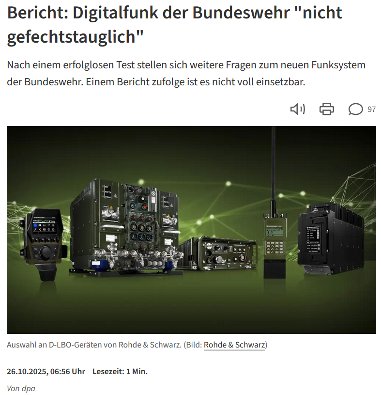 elkeniederwald's tweet photo. "Laut einem Bericht der "Welt am Sonntag" gibt es weiterhin massive Probleme beim neuen #Digitalfunk der #Landstreitkräfte." Kann jemand #Putin bitten, mit dem #Angriff bis 2035 zu warten? Wir sind noch nicht soweit!
https://t.co/ZwyvH0bYwF https://t.co/7LPQvYXlZB