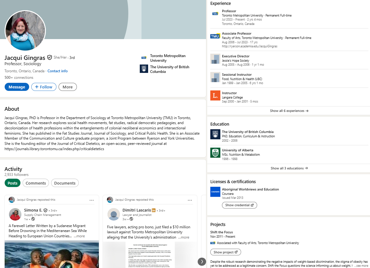Dr. Jacqui Gingras <a href="/GingrasRochelle/">Jacqui Gingras 🍉🇵🇸</a> is a Professor at <a href="/TorontoMet/">Toronto Metropolitan University</a> University. According to her active University profile, it states she is currently on leave just for the 2025 Fall Semester.

Jacqui Gingras enjoys stating how much she wants Israelis to die by proclaiming “Death