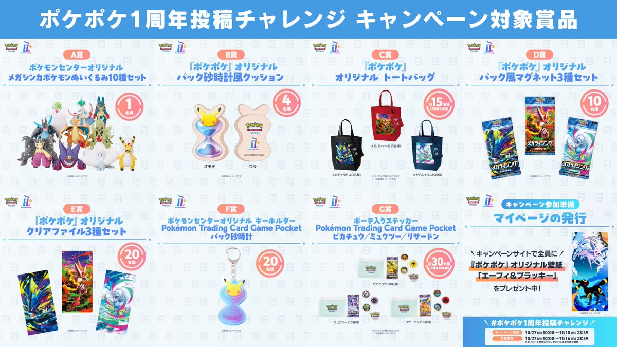 PokeGetInfoMain's tweet photo. 【ポケポケ1周年記念キャンペーン】
フォロー/投稿/リポストでポイントをためてプレゼントに応募しよう
「エーフィ&ブラッキー」の壁紙も配布中

📅キャンペーン期間：11月10日(月)23時59分まで 
📅ポイント応募期間：11月16日(日)23時59分まで

✅賞品一覧：
A賞：メガシンカポケモンぬいぐるみ10種セット
B賞：パック砂時計風クッション
C賞：オリジナルトートバッグ
D賞：パック風マグネット3種セット
E賞：クリアファイル3種セット
F賞：パック砂時計キーホルダー
G賞：ポーチ入りステッカー3種セット

💰ポイント獲得方法
①公式(@PokemonTCGP_JP)をフォロー：100pt
②対象ポストをリポスト：50pt
③お題投稿に参加：50pt
④みんなのお題参加投稿をリポスト：20pt
※③は1日1回まで/④は1日5回まで

✅詳細はこちら
https://t.co/NEwEzDSiGK

#ポケポケ1周年 #チャレンジ参加中