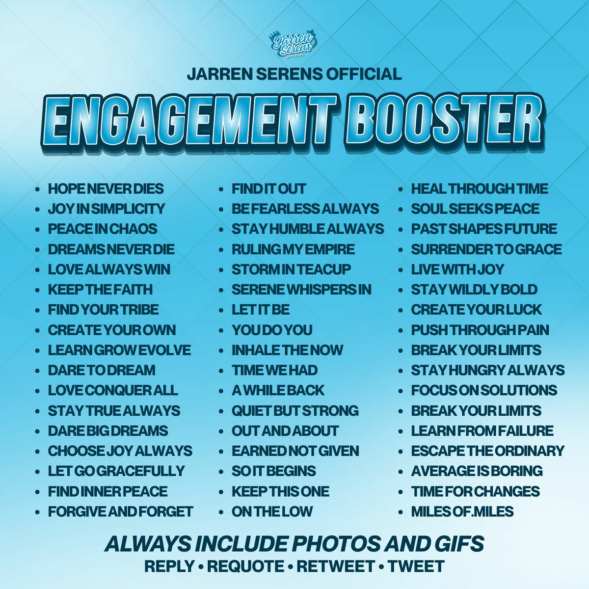 THREE HUNDRED REPLIES CHALLENGE 

Always remember the TP rules and include our tagline with pictures or gifs. Thank you so much Solids and shippers!

• No numbers   
• No emojis
• No all caps  
• At least three words per tweet  
• Engage with big accounts

JARRENXBNY OUT NOW