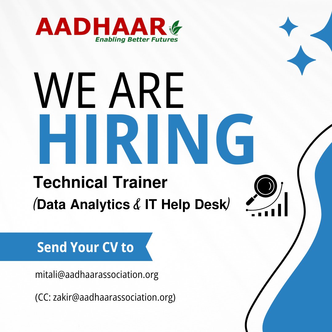 We’re hiring! 

Join the Capgemini NSEZ Center of Excellence in Skilling as a Technical Trainer (Data Analytics &amp; IT Help Desk).

📍 Noida SEZ | 
🧠Power BI | Python | SQL | Data Analytics

Apply: mitali@aadhaarassociation.org 
(CC zakir@aadhaarassociation.org)