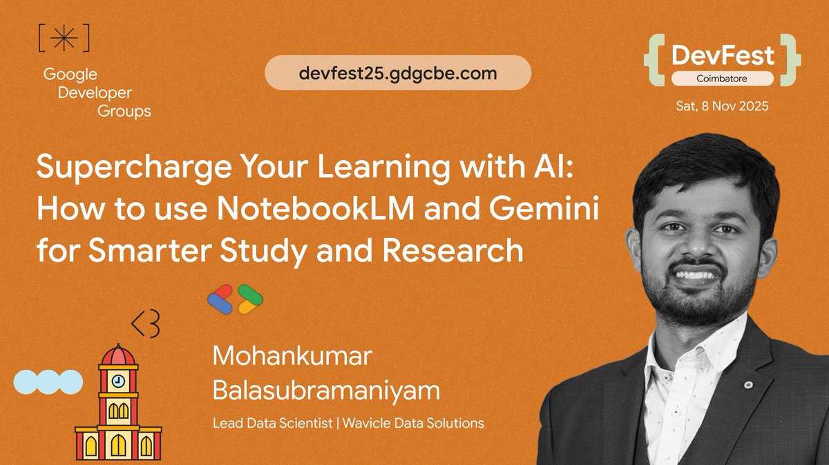 Join Mohankumar Balasubramaniyam, Lead Data Scientist at Wavicle Data Solutions, at DevFest 2025 Coimbatore! He's set to show you how to use NotebookLM and Gemini to supercharge your learning.

Register now: theticket9.com/book/devfest-c…

#DevFest2025 #AI #Gemini #GDGCoimbatore
