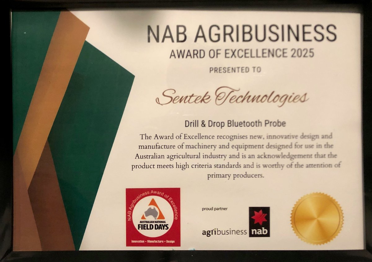 SentekTech's tweet image. Sentek is thrilled to have been awarded First Place in the NAB Agribusiness Award of Excellence 2025 for our innovative Drill &amp;amp; Drop Bluetooth Probe! 🌱💧 

#Sentek #Agribusiness #Innovation #Sustainability #SoilMoisture #AgTech #NABAwards