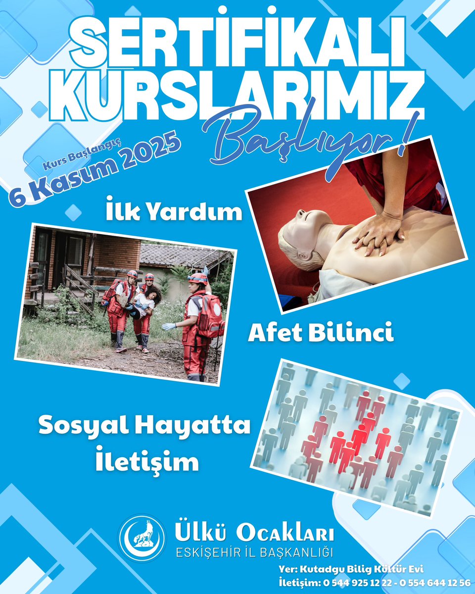 Sertifikalı kurslarımız başlıyor.
🗓️: 6 Kasım 2025 
⏰:18:00
📍:Kutadgu Bilig Kültür Evi
👉:İlk Yardım 
👉:Afet Bilinci 
👉:Sosyal Hayatta İletişim 

<a href="/ayyildirim1/">Ahmet Yiğit Yıldırım</a> 
<a href="/alicelik2023/">Ali ÇELİK 🇹🇷 🇦🇿</a> 
<a href="/AhmetCeyh/">Ahmet Ceyhan</a>