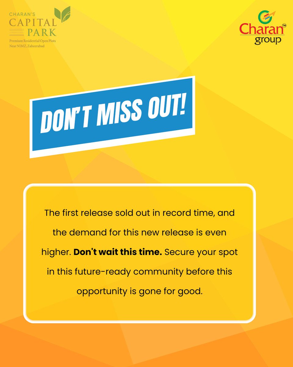 Charangroup_in's tweet image. 15,000 Sq. Yards sold out fast — 18,000 more just unlocked! 🚀 Don’t miss your second chance to own the future.

#CharansCapitalPark #CharanGroup #NIMZ #NIMZZaheerabad #InvestmentOpportunity #HyderabadRealestate #Zaheerabad #GrowthZone #LimitedRelease