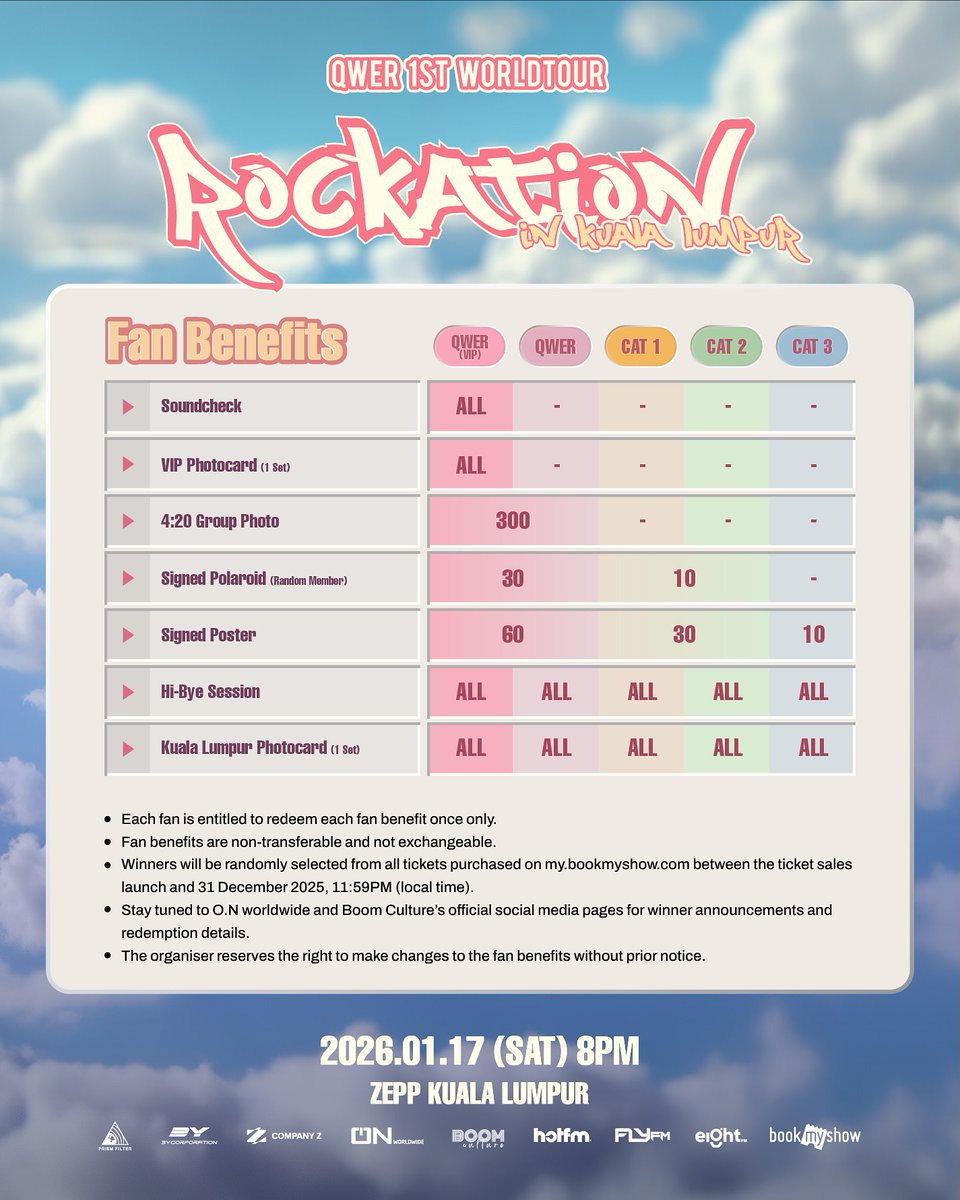 ‼️ Ticket Launch : 6 November,12pm onwards. ‼️
🎟️ Official Website : my.bookmyshow.com

QWER 1ST WORLD TOUR <ROCKATION> in KUALA LUMPUR
📆 : 17 January 2026
⏰ : 8PM
📍 : Zepp KL

#BookMyShowMY #QWER #ROCKATION #QWER1STWORLDTOUR #QWERinMY #바위게 #ONworldwide #BoomCulture