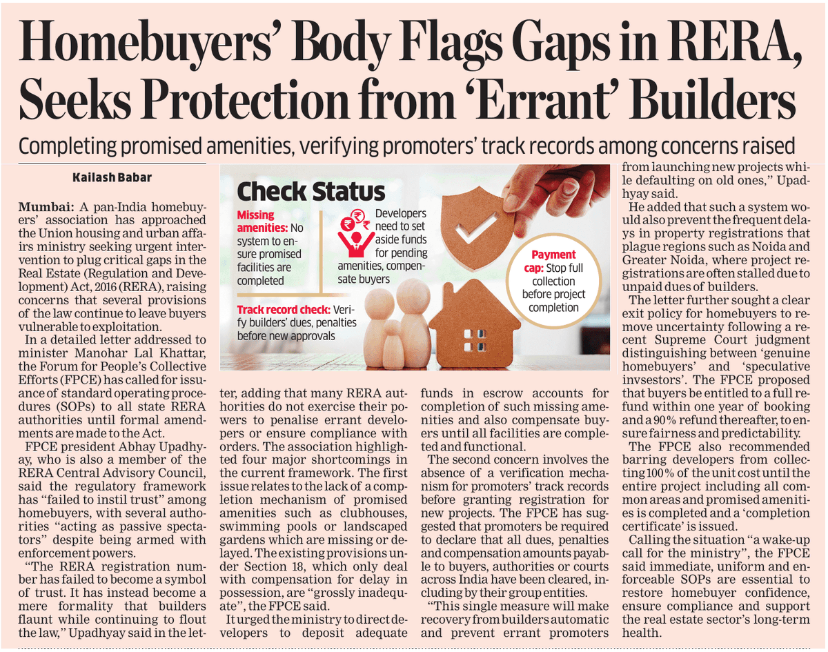 #Homebuyers body <a href="/FightForRERAInd/">Forum For People's Collective Efforts (FPCE)</a> flags serious gaps in #RERA, urges <a href="/MoHUA_India/">Ministry of Housing and Urban Affairs</a> for robust buyers safeguard with promoter verification to amenity-completion guarantees n #refund norms
economictimes.indiatimes.com/industry/servi… <a href="/EconomicTimes/">Economic Times</a> 
#RealEstate #Housing