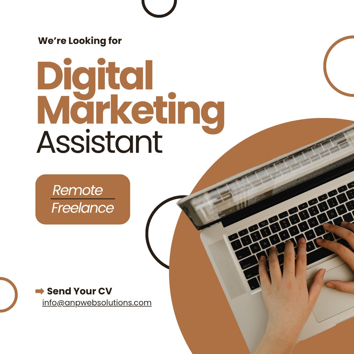anpwebsolutions's tweet image. We&apos;re hiring a Remote Freelance Digital Marketing Assistant! 🚀 Passionate about digital? Join our team! Send your CV to info@anpwebsolutions.com. #Hiring #DigitalMarketing #RemoteJob #Freelance #MarketingAssistant #APWebSolutions #JobOpportunity