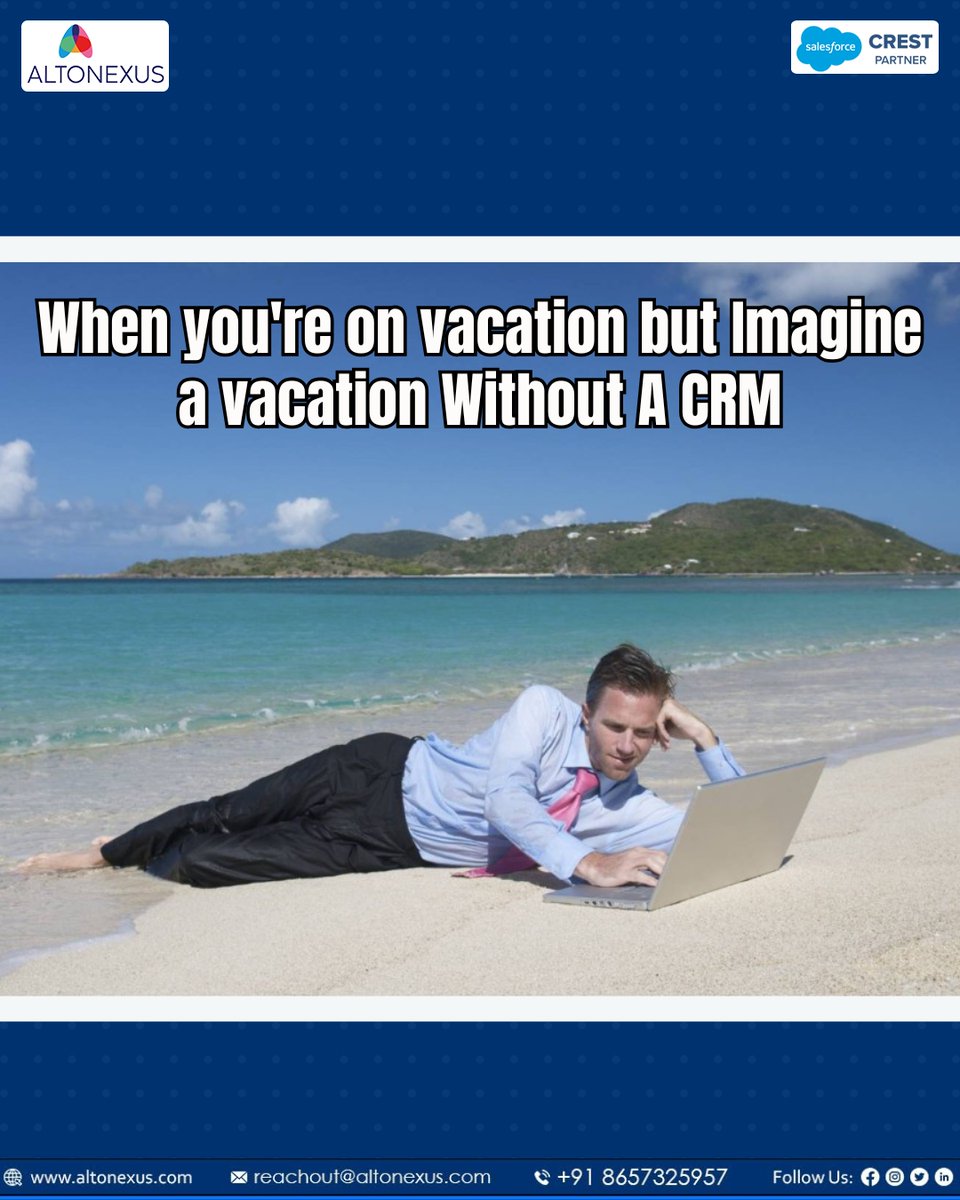 altonexus_info's tweet image. Without a CRM, the beach becomes the back office missed follow‑ups, scattered notes, and deals aging in the sun. 
#CRMIntegration #SalesOps #SalesforceImplementation #SalesEnablement #ProcessAutomation #PipelineManagement
