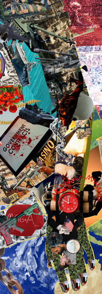 The left arm is filled with tanks, cannons, and other weapons typically used by the Army. We see the Government Contracts with blood all over them, as a sharp reminder of the motivation behind all the dissent in the middle east.