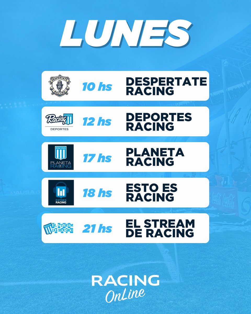 RacingOnline2's tweet photo. Arranca otra semana de Copa y tenés que acompañarte de #RacingOnline 😉

Las novedades de cara al miércoles y todo lo relacionado a la Academia, desde las 10, en @DespertateRC, #DeportesRacing, @PlanetaRacing, @EstoesRacingOk y @StreamDeRacing

¡Prendete a la radio de #Racing! 📻 https://t.co/UEDfzY205t