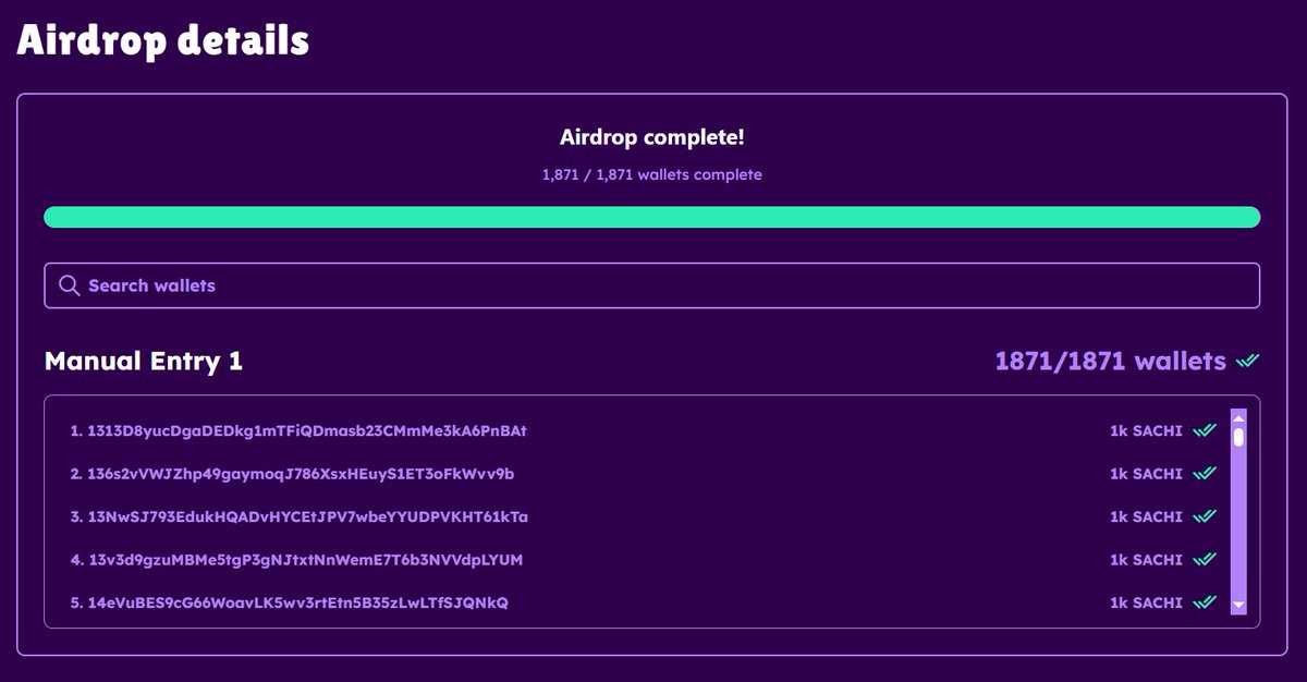 🎉 Official Announcement – Community Airdrop Update 🧡🐾

We just completed another successful community airdrop, this time for the <a href="/FartCoinOfSOL/">Fartcoin💨</a> community!
💧 A total of 1,871 wallets have received 1,000 $SACHI each!

We’ll continue to roll out more community airdrops across