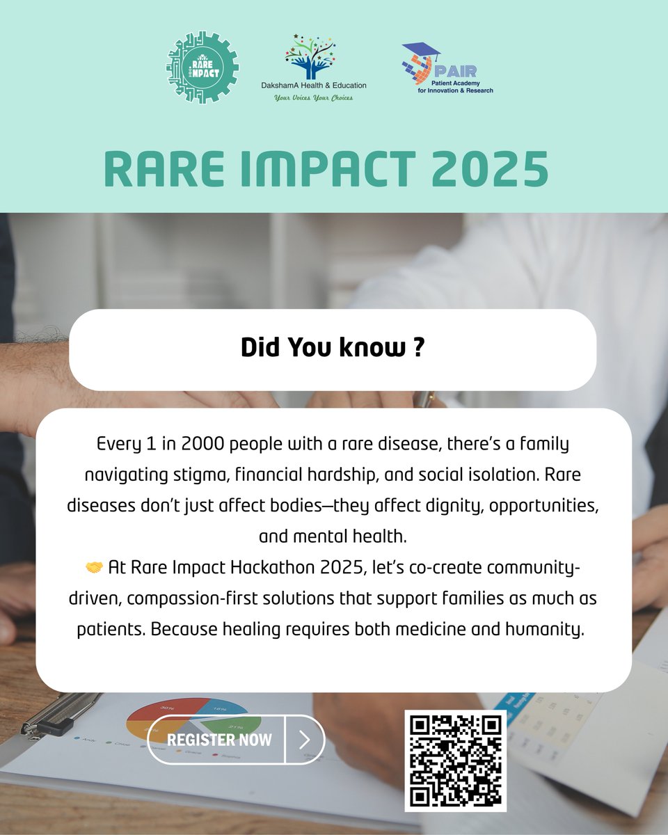 1 in 2000 people lives with a rare disease but every story deserves support &amp; compassion 💙

Join us at #RareImpact2025 Hackathon to co-create solutions that empower patients and families.

Register now to Participate:  dakshamahealth.org/Hackathon.html