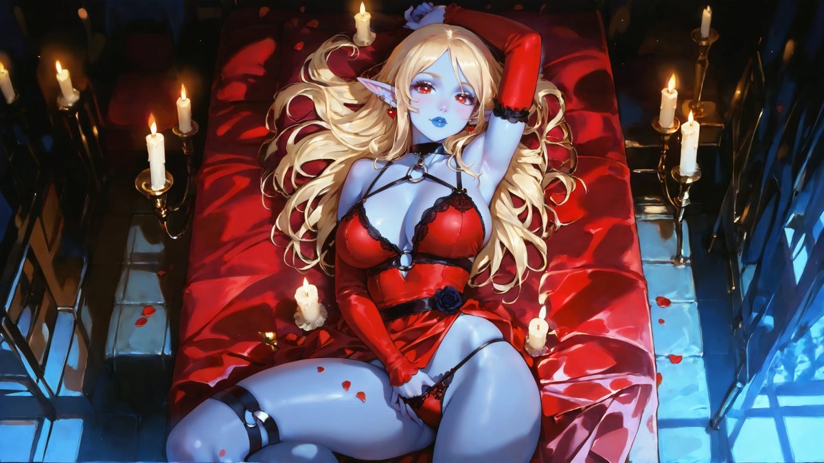 A blue-skinned frost troll warlord with long blonde hair lies on red satin sheets, surrounded by candlelight—sensual, gothic, and dreamlike atmosphere.

#art #digitalart #egirl #vtuber #envtuber #xxx