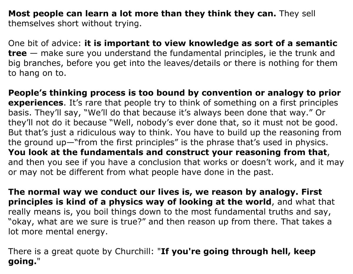 イーロン・マスク氏による人生のアドバイス

ほとんどの人は、自分が思っているよりもはるかに多くのことを学ぶ力を持っています。
けれども、多くの場合、人は自分の力を試す前に「できない」と決めつけてしまい、その可能性を狭めてしまいます。