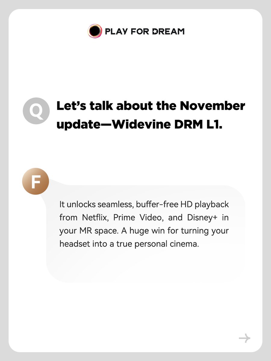 Play_for_dream's tweet image. Why is Play For Dream MR the "Best Wireless PCVR"? CEO F has the answer! And if you’re curious about what’s next, swipe to unlock our upcoming big updates. Don’t miss out! #PlayForDream #MixedReality