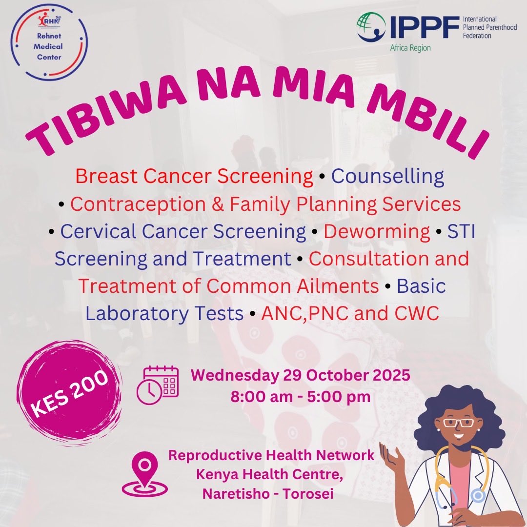 Walk in for #TibiwaNaMiaMbili SRH services at  our Naretisho <a href="/RehnetMed/">Rehnet Medical Center</a>  in Torosei this Wednesday from 8am - 5pm. 

Expect  youth friendly services including contraception &amp; FP, STI screening &amp; treatment, ANC, PNC &amp; more

Tell a friend to tell a friend

#YourHealthIsOurPriority