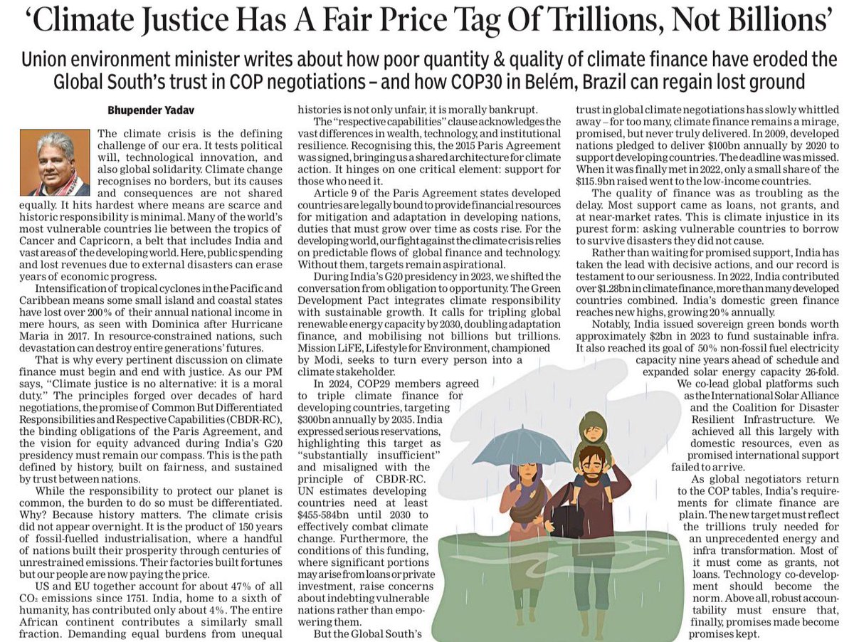 byadavbjp's tweet image. PM Shri @narendramodi has said in unequivocal terms, 'Climate justice is no alternative: it is a moral duty'. 
As the world prepares for COP30 in Belém, Brazil, India hopes for an opportunity to restore fairness, equity, and trust in global climate action.🌱
I write in…