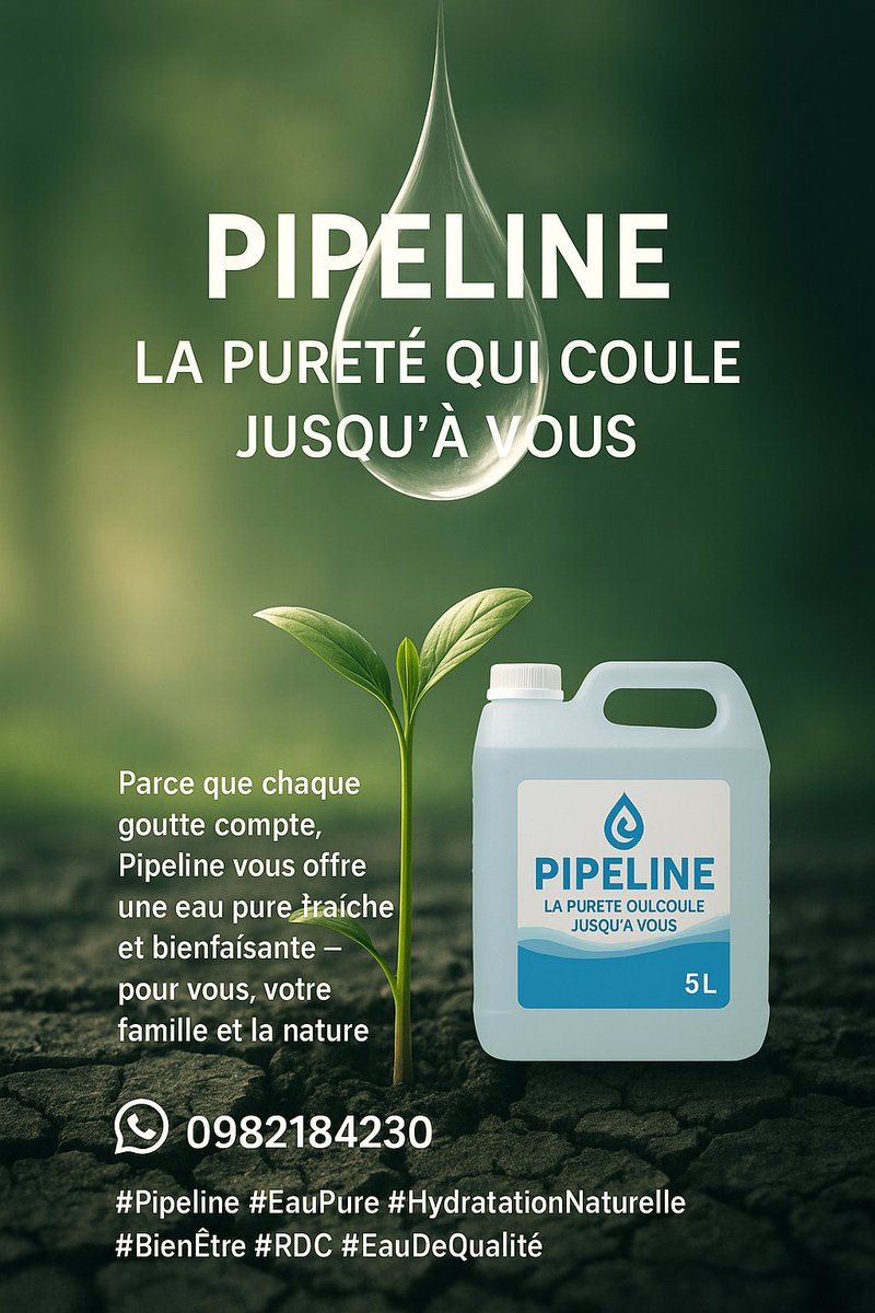 pipeline_Pure's tweet image. 💧 PIPELINE – La pureté qui coule jusqu’à vous 💧Parce que chaque goutte compte, Pipeline vous offre une eau pure, fraîche et bienfaisante — pour vous, votre famille et la nature 🌿
📞  WhatsApp : 0982184230
#Pipeline #EauPure #HydratationNaturelle #BienÊtre #RDC #EauDeQualité