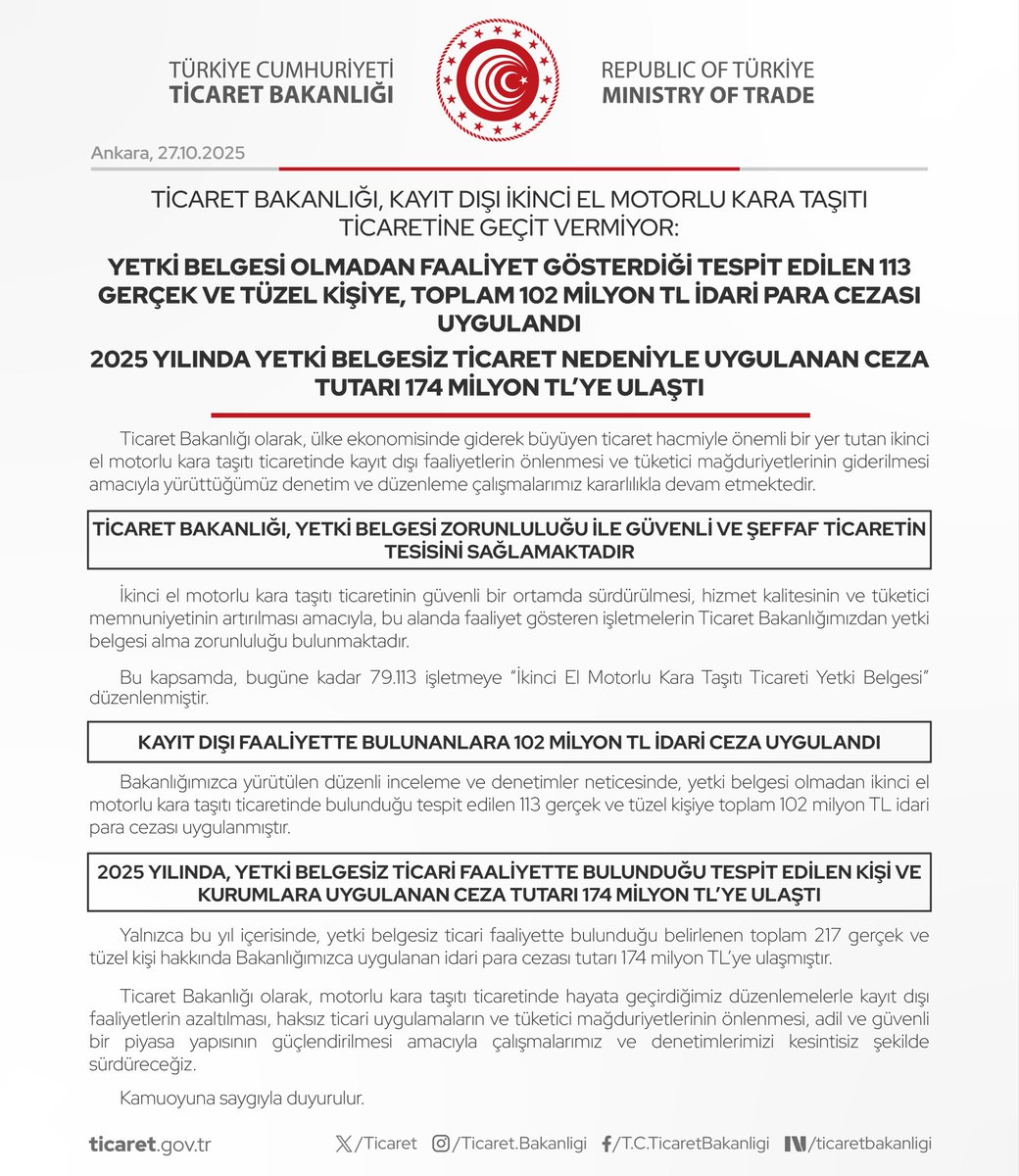 Ticaret Bakanlığı, Kayıt Dışı İkinci El Motorlu Kara Taşıtı