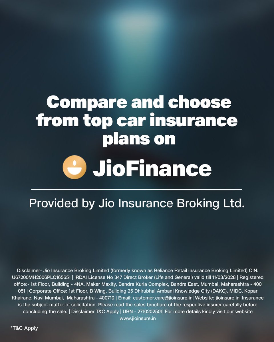 JioFinance1's tweet image. Drive with confidence, knowing that even the surprises you didn’t expect are covered. Car Insurance on JioFinance keeps your journey smooth.

#JioFinance #SmartInsurance #LifeInsurance #CustomInsurance #InsuranceAddOns #SmartCoverage #StayCovered #AutoCare #InsuranceMadeEasy