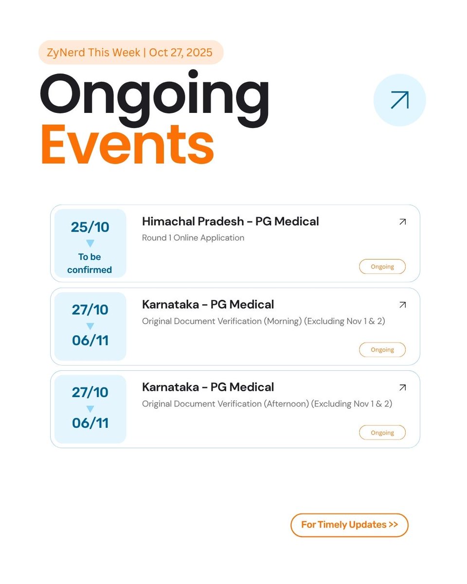 HelloZyNerd's tweet image. Stay updated with the ongoing NEET PG 2025 counselling events.

Don’t miss the deadlines!
For more events, updates, and alerts, join ZyNerd.