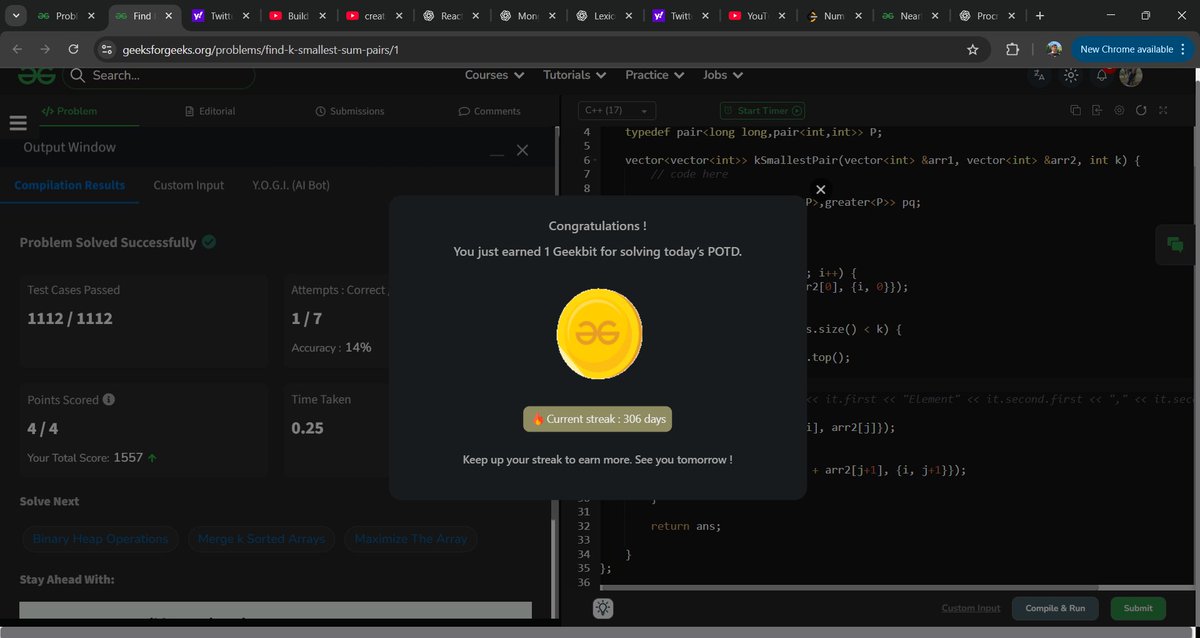 Jatin_lifo82's tweet image. 🌟Day 299 👨💻. 
Solve @geeksforgeeks || @LeetCode 
POTD Cpp⚡
Question LC. 2125. Number of Laser Beams in a Bank Medium✅. 
Question GFG. Find K Smallest Sum Pairs  Medium ✅. 
#geeksforgeeks #leetcode #DSA #POTD 
@LeetCode @geeksforgeeks #CPP25 #CodingChallenge