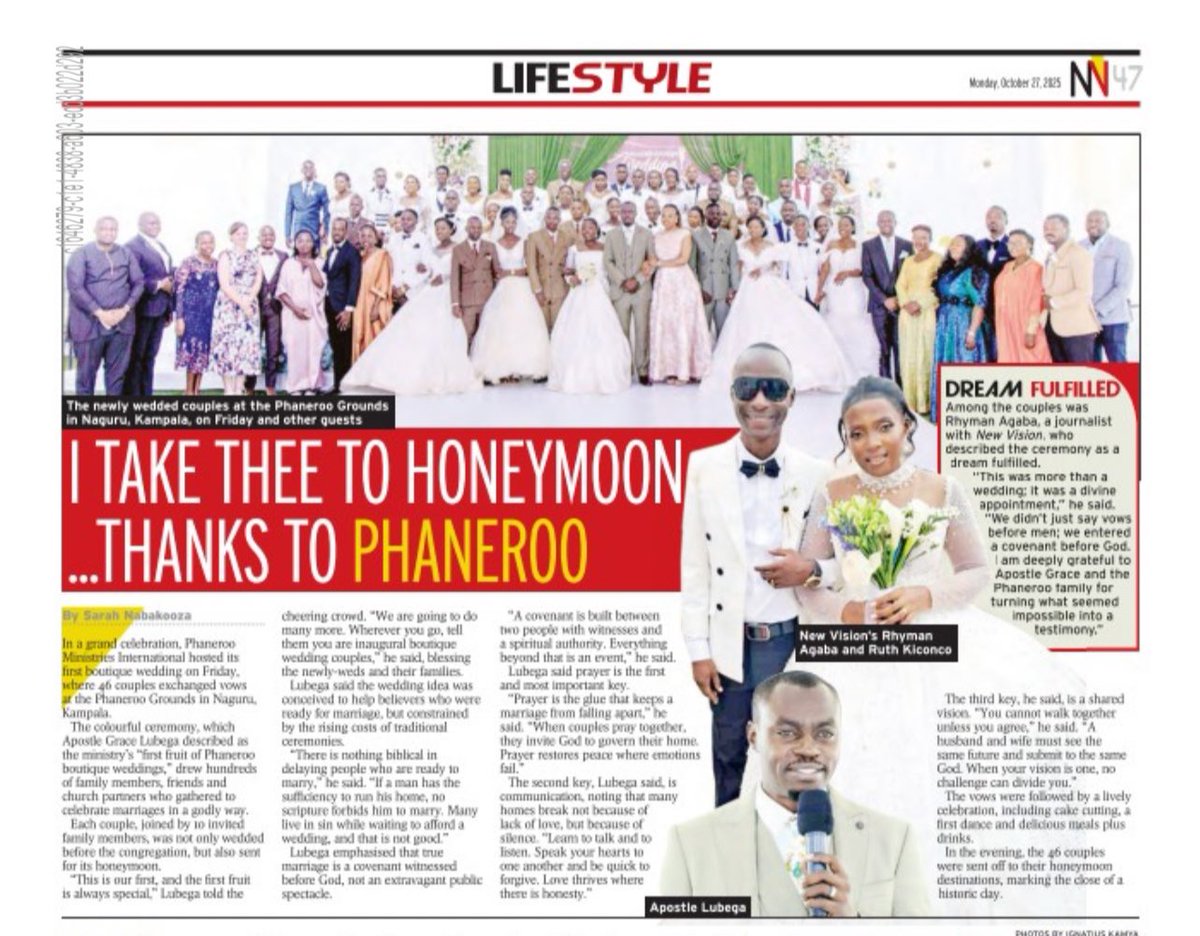 46 couples, fully catered for wedding, and a honeymoon 😍 wabula I’m proudly associated <a href="/Phanerookampala/">Phaneroo</a>, and of course I had to pen it down for history to have it….. 😊