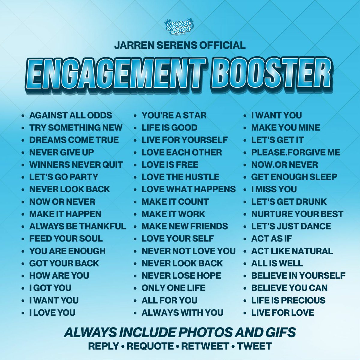 THREE HUNDRED REPLIES CHALLENGE 

Always remember the TP rules and include our tagline with pictures or gifs. Thank you so much Solids and shippers!

• No numbers   
• No emojis
• No all caps  
• At least three words per tweet  
• Engage with big accounts

JARRENXBNY OUT NOW
