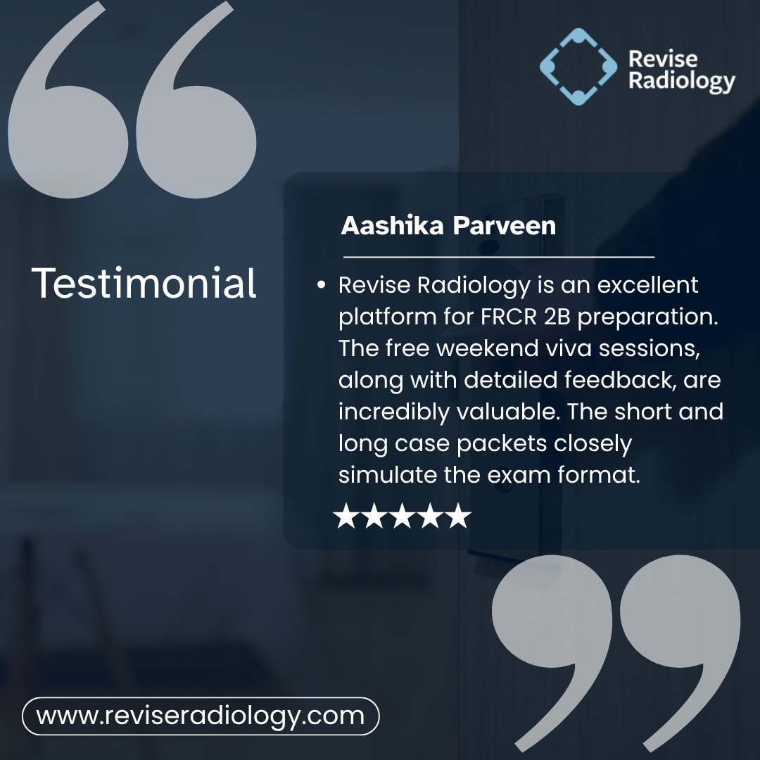 reviseradiology's tweet image. "Revise Radiology is an excellent platform for FRCR 2B preparation. The free weekend viva sessions, along with detailed feedback, are incredibly valuable. The short and long case packets closely simulate the exam format." - Aashika Parveen