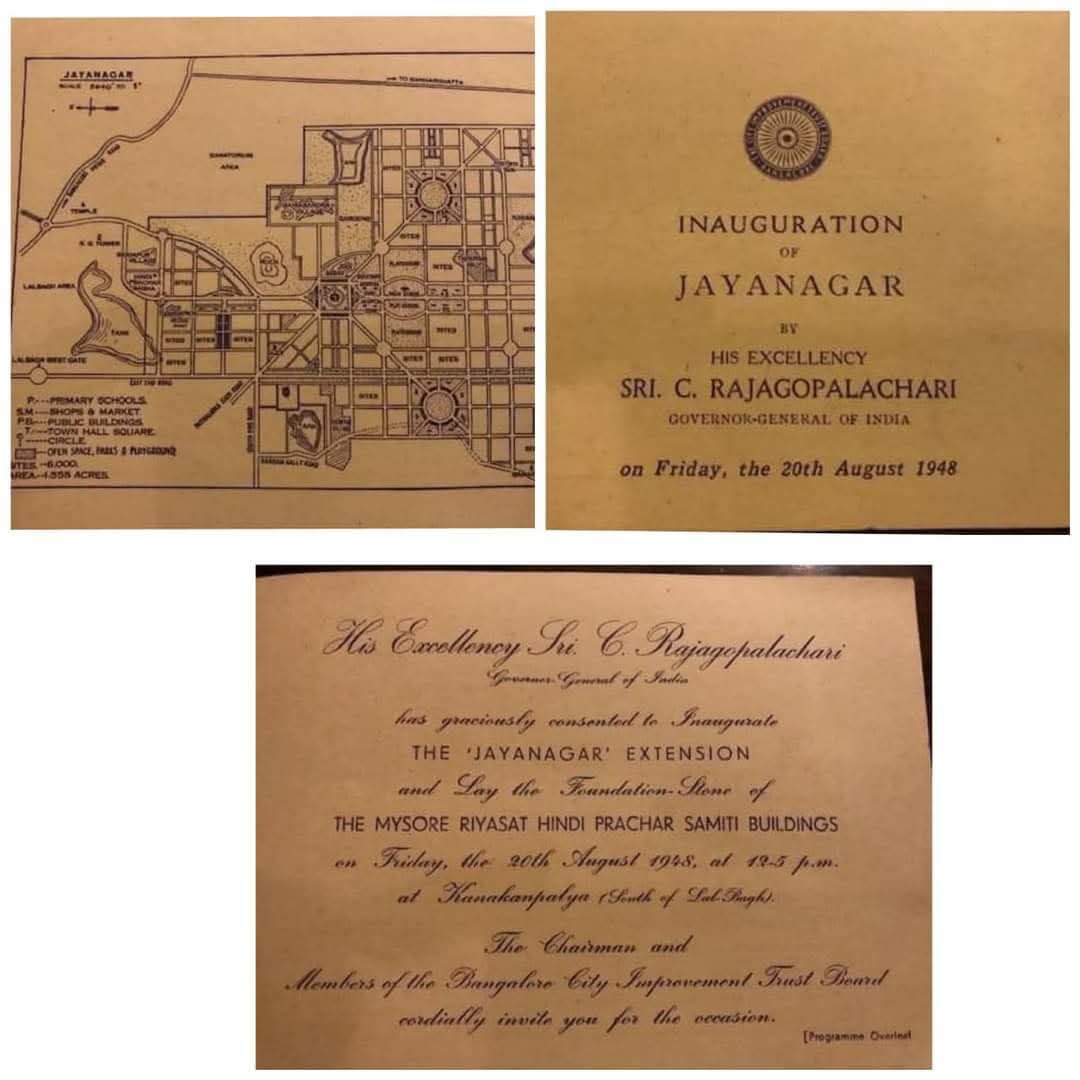 Invitation for the inauguration of the famous Jayanagar in Bengaluru in 1948 which was the largest layout at that time!

Since then only minimal changes have been made to that plan till today. Jayanagar layout has its own association, BDA (Bangalore Development Authority) can't