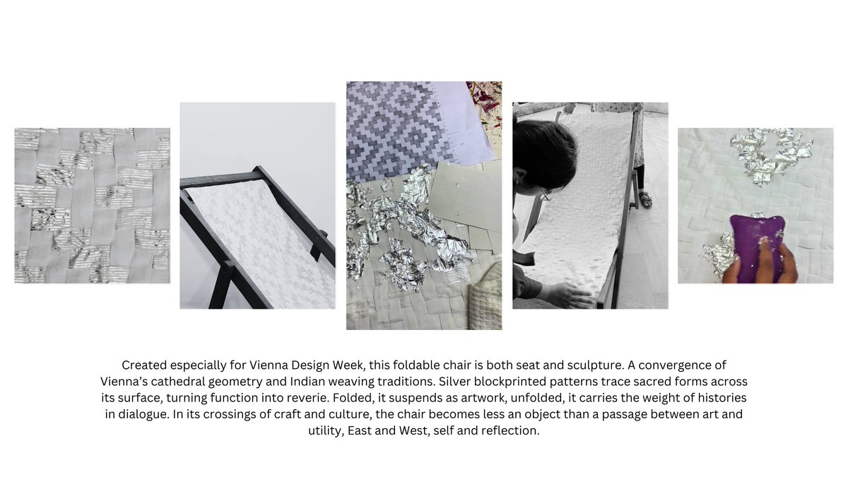Octoberstore1's tweet image. Created for #ViennaDesignWeek , Chaired Boundaries is both seat &amp;amp; sculpture, merging Vienna’s cathedral geometry with Indian weaving. Silver block prints trace sacred forms, turning function into reverie.
A passage between art &amp;amp; utility, East &amp;amp; West.

#art #Weaving #TextileArt
