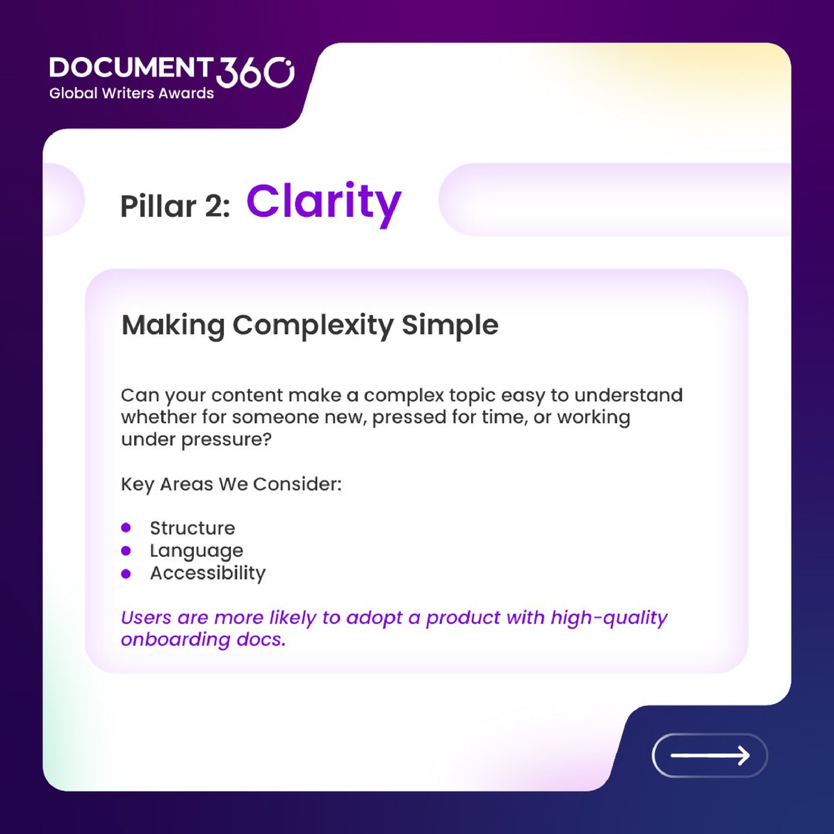 document360's tweet image. Here are the 4 pillars we look for in your writing. If your writing embodies these qualities, it&apos;s time to showcase your excellence. 

Nomination open for Document360 Global Writers Awards - lnkd.in/e6Ke-Jky

#techwriting