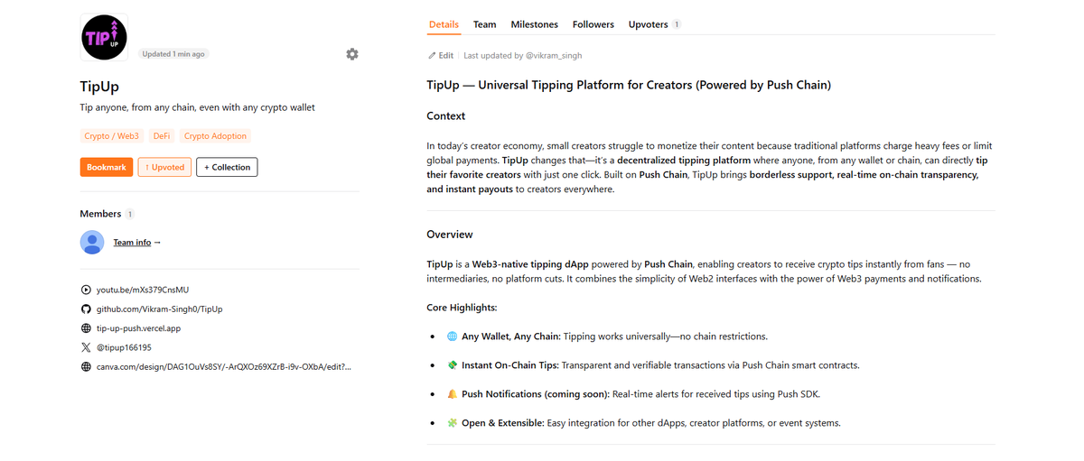 TipUp166195's tweet photo. We just submitted TipUp on @DoraHacks Build.
A Web3 tipping platform where creators get instant support from any wallet, any chain—powered by @PushChain, for the deployathon.
Try it, test it, and share your feedback 👇.

🔗https://t.co/ZzeaAZP2ZW

#Web3Creators #PushChain https://t.co/7UttXLlXL4