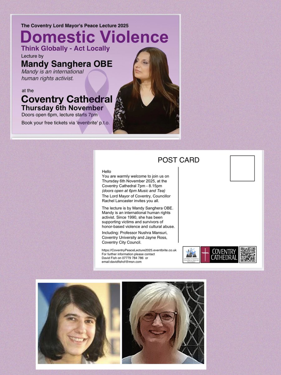 I am looking forward to delivering a keynote at <a href="/CovCathedral/">Coventry Cathedral</a>  at  the  Coventry Lord Mayor's Peace Lecture 2025 Domestic Violence: Think Globally - Act Locally
I will be joined by Jayne Ross   from <a href="/coventrycc/">Coventry City Council</a>  and Nushra Mansuri   from <a href="/covcampus/">Coventry University</a>   
Please book your ticket 👇