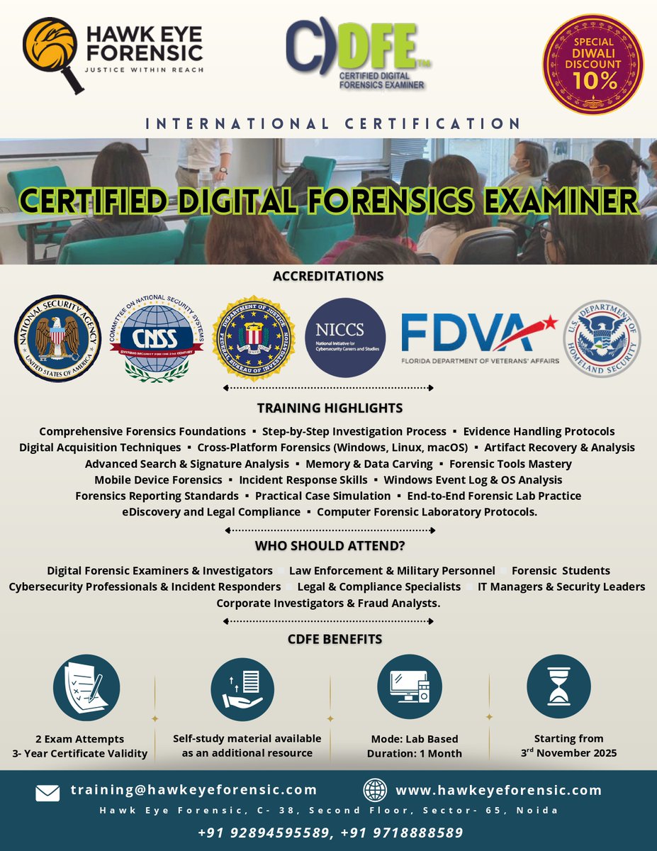 ForensicHawk's tweet image. ⚠️𝟔 𝐃𝐚𝐲𝐬 𝐭𝐨 𝐆𝐨!🚨

 B𝐞𝐜𝐨𝐦𝐞 𝐚 𝐂𝐞𝐫𝐭𝐢𝐟𝐢𝐞𝐝 𝐃𝐢𝐠𝐢𝐭𝐚𝐥 𝐅𝐨𝐫𝐞𝐧𝐬𝐢𝐜𝐬 𝐄𝐱𝐚𝐦𝐢𝐧𝐞𝐫 (𝐂𝐃𝐅𝐄)

✨ Special Diwali Offer – 𝟏𝟎% 𝐃𝐢𝐬𝐜𝐨𝐮𝐧𝐭!

📅 Batch starts: 𝟑𝐫𝐝 𝐍𝐨𝐯𝐞𝐦𝐛𝐞𝐫 𝟐𝟎𝟐𝟓

🔥 𝐋𝐢𝐦𝐢𝐭𝐞𝐝 𝐒𝐞𝐚𝐭𝐬 𝐀𝐯𝐚𝐢𝐥𝐚𝐛𝐥𝐞!