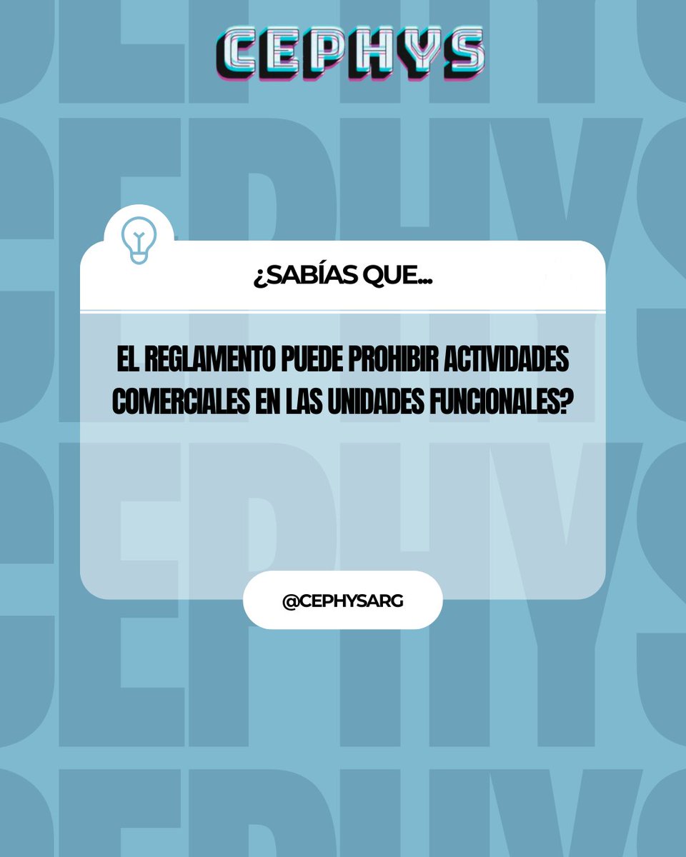 cephysarg's tweet image. 🏢 ¿SABÍAS QUE…
el Reglamento de Copropiedad puede prohibir actividades comerciales dentro de las unidades funcionales? ⚖️🚫

📲 Seguinos para más consejos y curiosidades sobre la Propiedad Horizontal.

#CePHyS #PropiedadHorizontal #Consorcios #Reglamento #Derecho