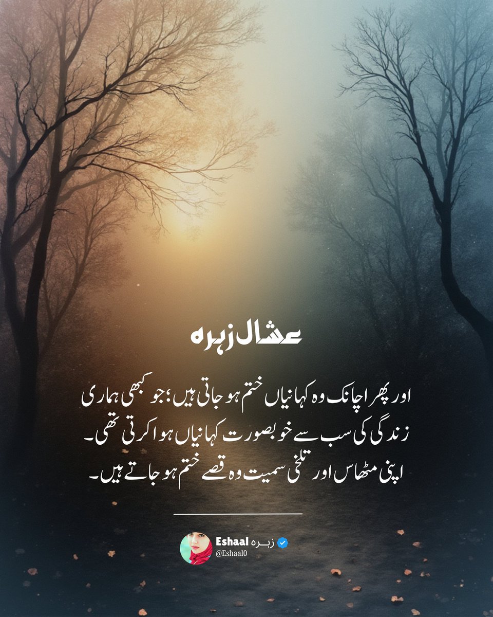 اور پھر اچانک وہ کہانیاں ختم ہو جاتی ہیں ؛جو کبھی ہماری زندگی کی سب سے خوبصورت کہانیاں ہوا کرتی تھی۔
اپنی مٹھاس اور تلخی سمیت وہ قصے ختم ہو جاتے ہیں ۔