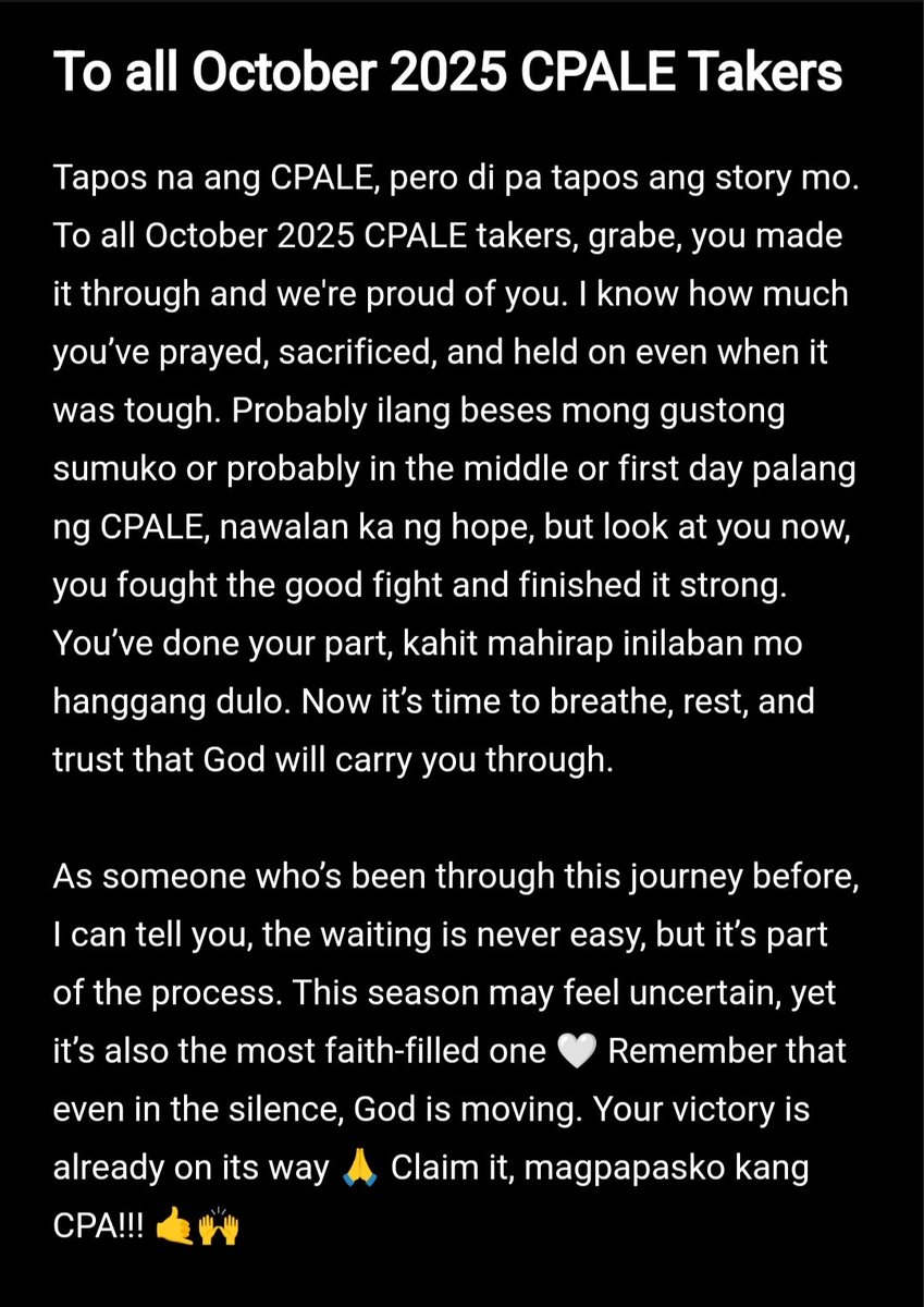 heyitsAteDee's tweet photo. To all October 2025 CPALE takers. Tapos ang CPALE, pero hindi pa tapos ang story mo. Now breathe, rest, trust God, and wait in faith,  your victory is coming 🙏 We're so proud of you. Proud si Lord sa'yo 🤍 https://t.co/1k9bZjGW2x