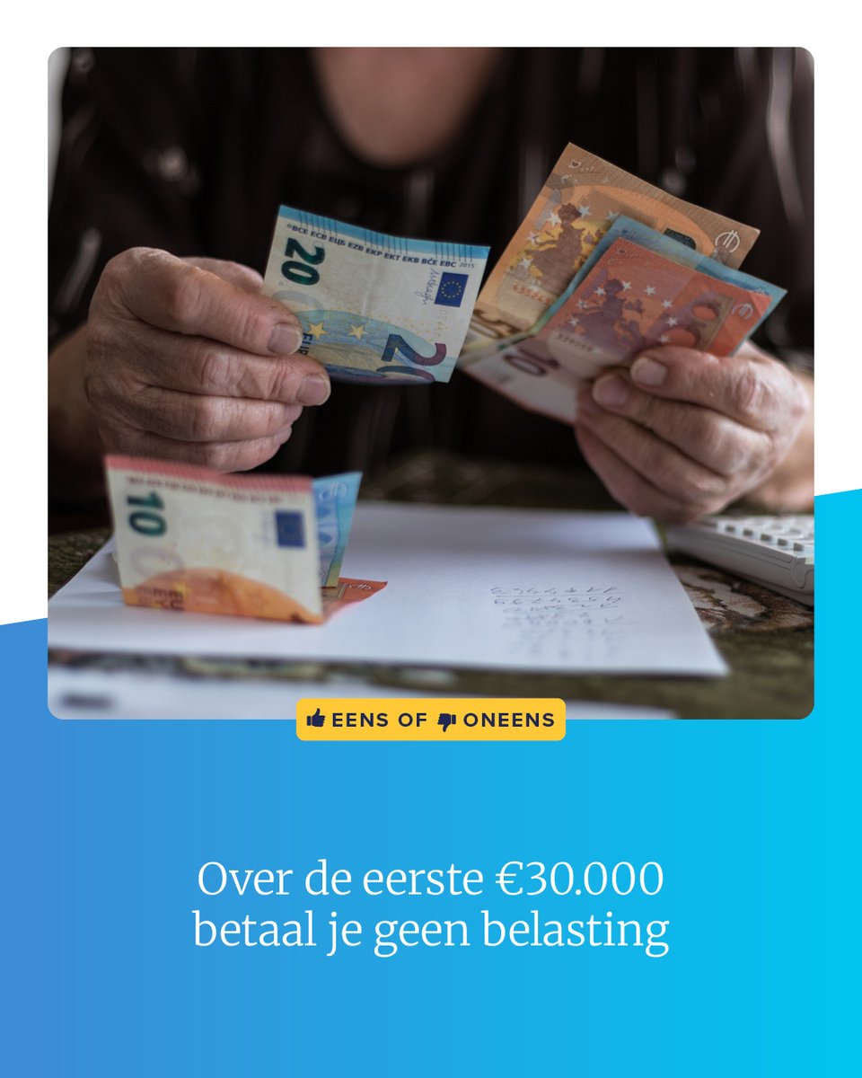 Wij willen het huidige belasting- en toeslagensysteem vereenvoudigen: geen belasting over de eerste €30.000 inkomen, lagere belastingdruk en vervanging van toeslagen door een eenvoudig systeem.

Wat vind jij?
👍 Eens
👎 Oneens