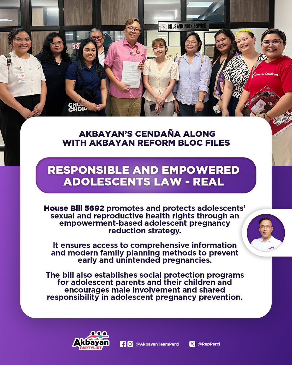 💟 𝗞𝗲𝗲𝗽𝗶𝗻𝗴 𝗶𝘁 𝗥𝗘𝗔𝗟: 𝗔𝗸𝗯𝗮𝘆𝗮𝗻 𝗳𝗶𝗹𝗲𝘀 𝗯𝗶𝗹𝗹 𝘁𝗼 𝗲𝗺𝗽𝗼𝘄𝗲𝗿 𝗮𝗱𝗼𝗹𝗲𝘀𝗰𝗲𝗻𝘁𝘀, 𝗰𝘂𝗿𝗯 𝗿𝗶𝘀𝗶𝗻𝗴 𝘁𝗲𝗲𝗻𝗮𝗴𝗲 𝗽𝗿𝗲𝗴𝗻𝗮𝗻𝗰𝗶𝗲𝘀

With the alarming rise of teenage pregnancies in the country, Akbayan Reform Bloc lawmakers today filed a