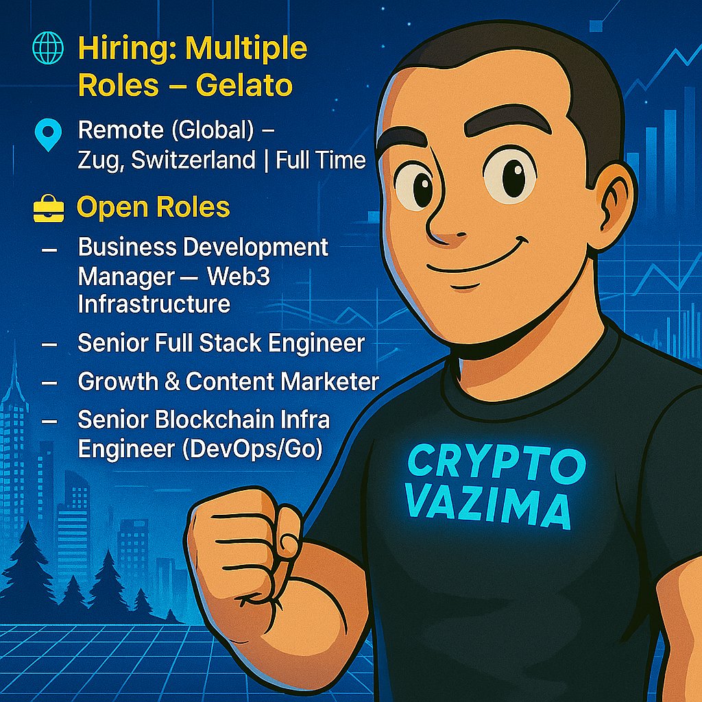 crypto_vazima's tweet image. 🚀 Hiring: Multiple Roles — Gelato
📍 Remote (Global) | 💼 Full Time | 🧑💻 Onchain Cloud Platform
Gelato is empowering the next generation of web3 builders — from smart wallets to gasless transactions — helping top crypto teams build seamless onchain experiences.
🌍 Open…