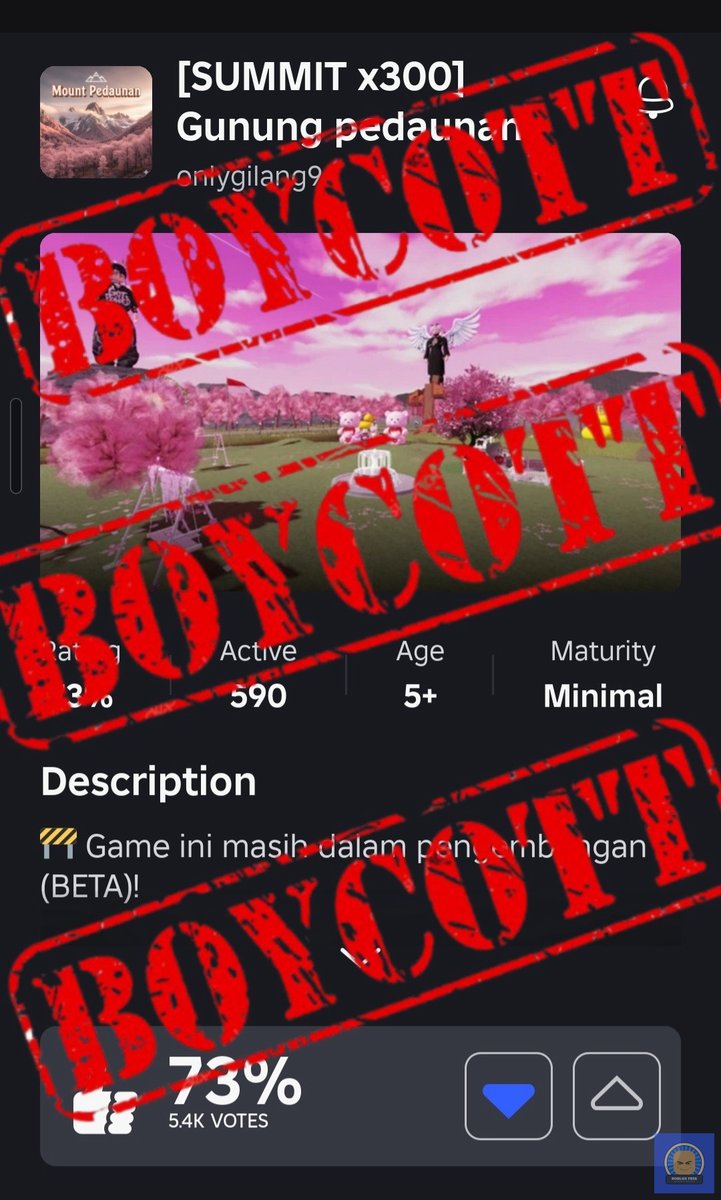 roblox_fess's tweet image. reminder untuk terus report akun si gilang musang b1r4h1 problematik & downvote map nya ini "Gunung Pendaunan" sampai hilang! tampaknya belum jera ya melihat di akun tiktoknya yg masih eksis & komenan sakjiw yg masih defend pelaku, NO ROOM FOR MUSANG B1R4H1 di !roblox