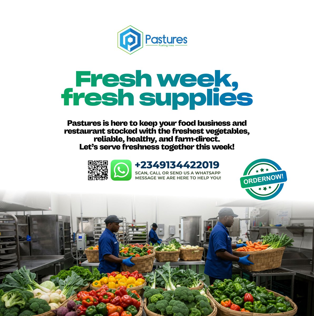 New Week, Fresh Pastures 🌿
Pastures is here to keep your food business and restaurant stocked with the freshest, healthiest, and farm-direct vegetables you can find.

Let’s serve freshness together this week! 🥕🥬🍅