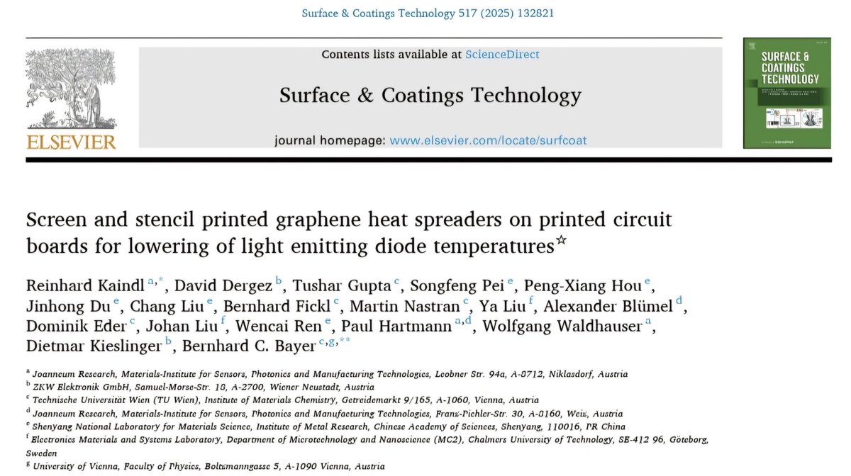 nanobayer's tweet image. 📣New paper: Screen &amp;amp; stencil printed #graphene heat spreaders on printed circuit boards for lowering of light emitting diode temperatures in Surf. Coat. Technol.

doi.org/10.1016/j.surf…

@zkw #JOANNEUMRESEARCH @CAS__Science @univienna @tu_wien  

@ReinhardKaindl
@chemistry_tuw