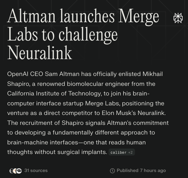 The image is a screenshot of a news article or infographic with a headline in large bold font, body text describing the Merge Labs announcement, and elements like publication indicators and source counts; it features a clean, digital news layout with no visible people, locations, or additional graphics beyond text.